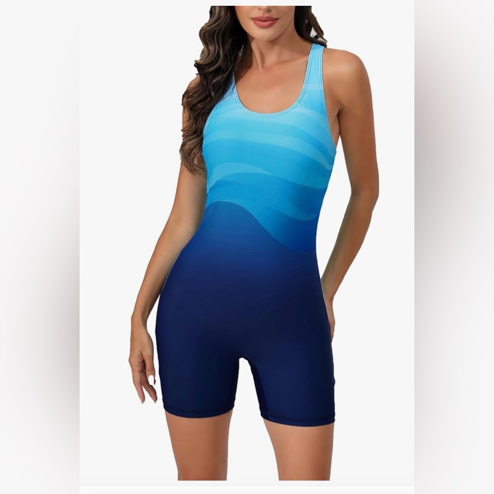 Blue Athletic Racerback Bathing Suit ,Womens Size Large, One Piece Swimsuit